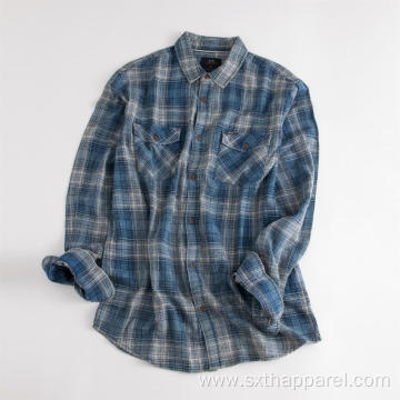 Skin-friendly Men's Indigo Long Sleeve Cotton Pocket Shirt